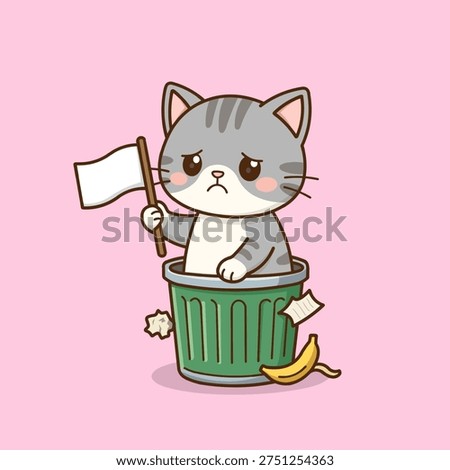 A playful vector illustration of a cat mascot sitting inside a trash can while waving a white flag as a sign of surrender, expressing a humorous plea to be adopted.