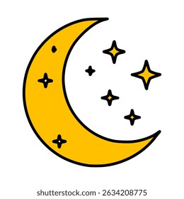 A playful vector illustration of a crescent moon and stars, featuring bold outlines and a vibrant yellow color palette, perfect for childrens designs or whimsical projects.