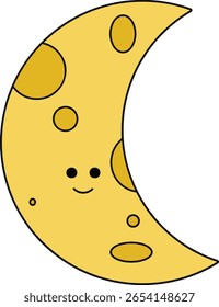 A playful vector illustration of a crescent moon with a smiling face and crater-like details in a cheerful yellow tone.