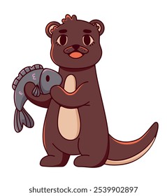 Playful vector illustration of a cute otter holding a fish. Suitable for children's books, educational projects, product design or use in projects that need a funny animal character.