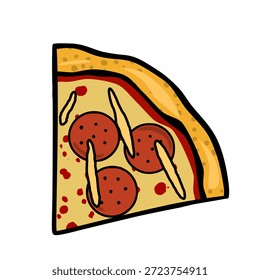 Ilustración vectorial juguetona de una deliciosa rebanada de pizza de pepperoni con queso derretido y corteza crujiente