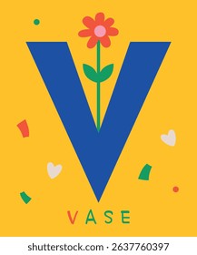 Playful vector illustration depicting a bold blue letter V integrated with a colorful flower in a vase. The bright yellow background and decorative elements convey a cheerful, artistic design.