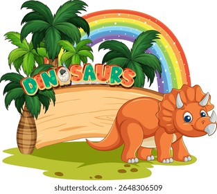 Speelse vectorillustratie van een dinosaurus met levendige kleuren, met een regenboog en weelderige palmbomen op de achtergrond