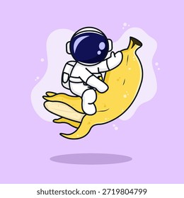 Ilustração vetorial lúdica com um astronauta cavalgando uma banana à medida que sobe para o espaço exterior.