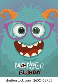 Playful vector illustration featuring a cheerful monster with vibrant colors, glasses, and fun horns. Perfect for children s birthday cards and party invitations.