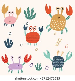 Una Ilustración vectorial lúdica con lindos cangrejos de dibujos animados en colores vibrantes con Elementos marinos decorativos simples como algas y burbujas.