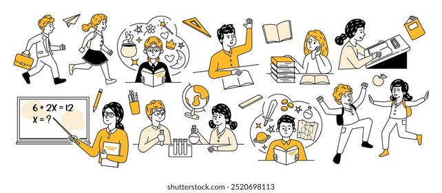 Playful Vector Illustration Featuring Diverse Doodle Characters Engaged In Various Back To School Activities