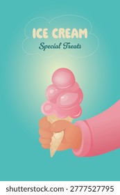 A playful vector illustration featuring a hand holding a waffle cone stacked with multiple scoops of bright pink ice cream.