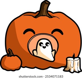 Playful vector illustration featuring a large pumpkin, a smiling ghost, and a small pumpkin with a candle on the edge, perfect for Halloween designs.