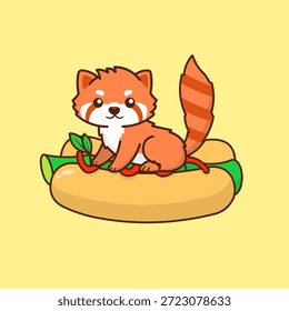 A playful vector illustration featuring a red panda sitting on top of a hot dog filled with a piece of bamboo and topped with spicy sauce.