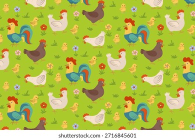 Ilustración vectorial juguetona con un patrón sin fisuras de coloridos pollos, gallinas y polluelos sobre un fondo verde. Perfecto para estampados textiles, Fondos de pantalla y diseños infantiles.