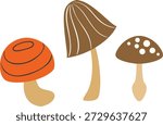 A playful vector illustration featuring a set of three cartoon mushrooms in doodle style. The mushrooms include a bright orange-capped mushroom with black lines and two brown mushrooms with patterned caps. Perfect for clipart, seasonal designs, or whimsical nature-themed projects.
