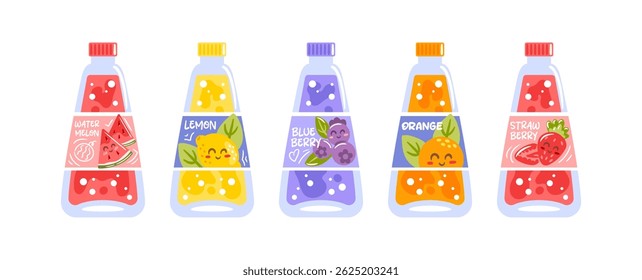 A playful vector illustration featuring a set of bottles filled with various sodas strawberry, lemonade, blueberry, orange, and watermelon. Each bottle showcases kawaii-style labels with cute