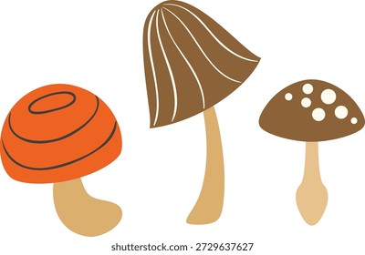 Eine verspielte Vektorgrafik mit drei Comic-Pilzen im Doodle-Stil. Zu den Pilzen gehören ein leuchtend orangefarbener Pilz mit schwarzen Linien und zwei braune Pilze mit gemusterten Kappen. Perfekt für Cliparts, saisonale Designs oder skurrile Projekte zum Thema Natur.
