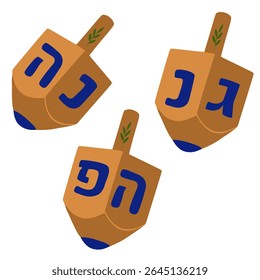 A playful vector illustration featuring three dreidels, traditional Hanukkah spinning tops, adorned with Hebrew letters and olive branch details, set against a clean white background.