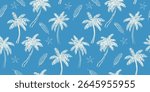 Playful vector illustration featuring whimsical Mediterranean icons: palm, flower, seashell, and summer symbols. Ideal for backgrounds, fashion textiles, and coastal-themed decor.