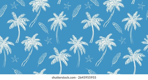 Playful vector illustration featuring whimsical Mediterranean icons: palm, flower, seashell, and summer symbols. Ideal for backgrounds, fashion textiles, and coastal-themed decor.
