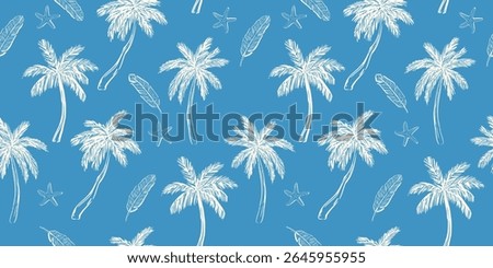 Playful vector illustration featuring whimsical Mediterranean icons: palm, flower, seashell, and summer symbols. Ideal for backgrounds, fashion textiles, and coastal-themed decor.