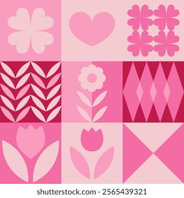 A playful vector illustration of floral and heart shapes arranged in a grid format, using soft and bold shades of pink. Perfect for romantic designs.