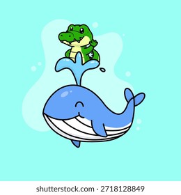 Ilustração vetorial lúdica de uma baleia amigável pulverizando água no ar, com um crocodilo bonito acenando alegremente enquanto ele sai do splash.