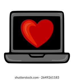 Ilustração vetorial lúdica de um notebook exibindo um grande coração vermelho estilizado, sugerindo amor on-line ou afeto digital.