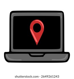 A playful vector illustration of a laptop screen displaying a prominent red location pin, suggesting online navigation or geolocation services.
