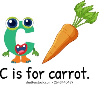 Playful vector illustration of the letter C with a carrot. Bright colors and cartoon style enhance educational appeal