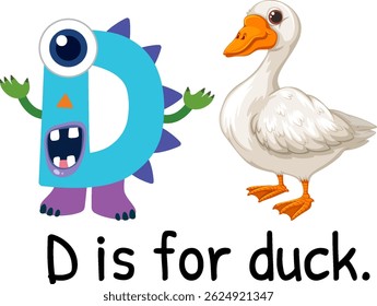 Playful vector illustration of the letter D with a cartoon duck. Bright colors and whimsical style enhance educational appeal