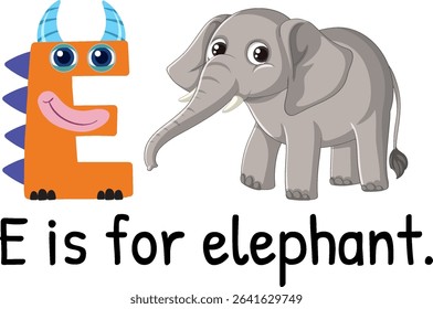 Playful vector illustration of the letter E with a cartoon elephant, vibrant colors, and child-friendly design