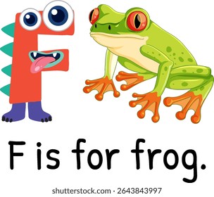 Playful vector illustration of the letter F and a frog, vibrant colors, cartoon style, educational design