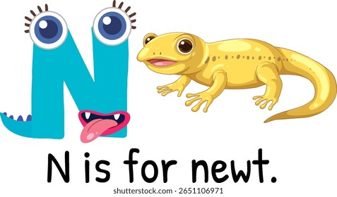 Playful vector illustration of the letter N and a cartoon newt. Bright colors and whimsical design enhance educational appeal