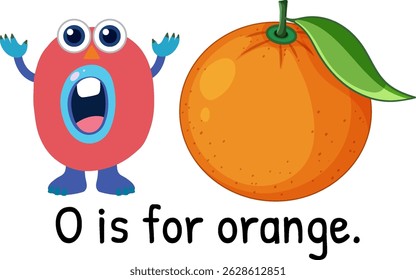 Playful vector illustration of the letter O with an orange fruit. Bright colors and cartoon style enhance learning