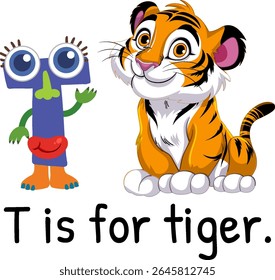 Playful vector illustration of letter T and a cartoon tiger. Bright colors and whimsical style enhance educational appeal