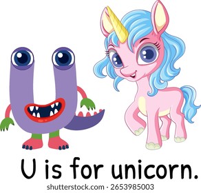 Playful vector illustration of letter U and a colorful unicorn. Bright colors and cartoon style enhance the cheerful theme
