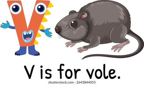 Playful vector illustration of the letter V and a vole. Bright colors and whimsical design enhance educational appeal