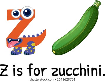 Playful vector illustration of letter Z with a zucchini. Bright colors, cartoon style, perfect for educational materials