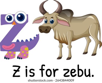 Playful vector illustration of letter Z and a cartoon zebu. Bright colors and whimsical design for educational use