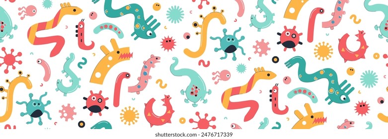 Playful Vector Illustration of Microbes, Virus, Germs and Bacteria Cartoon Microorganisms Seamless Pattern for Children Decor in Bright Colors. Flat style design
