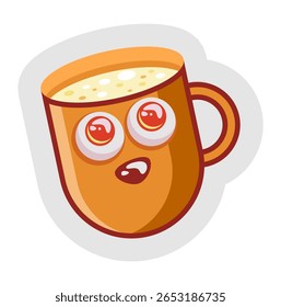 Ilustração vetorial lúdica de uma caneca de desenho animado laranja com olhos expressivos e uma bebida cremosa dentro. Perfeito para conceitos aconchegantes de bebidas, marcas peculiares ou projetos de design gráfico animados.