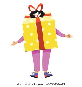 Playful vector illustration of a person dressed as a large yellow gift box with white polka dots and a red ribbon, symbolizing surprise, celebration, and festive fun.