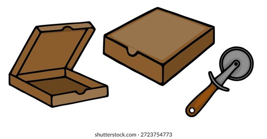 Ilustração vetorial lúdica de caixas de pizza e cortador