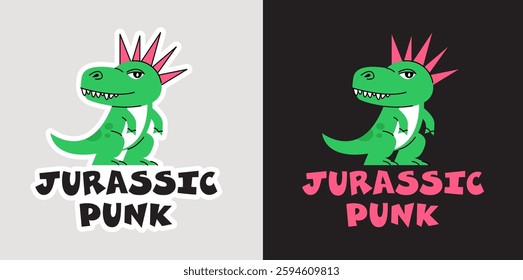 Playful vector illustration of a punk-style dinosaur with a spiky mohawk and a rebellious attitude