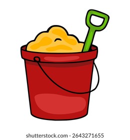 A playful vector illustration of a red bucket filled with yellow sand and a green shovel, perfect for childrens designs or summer themes.