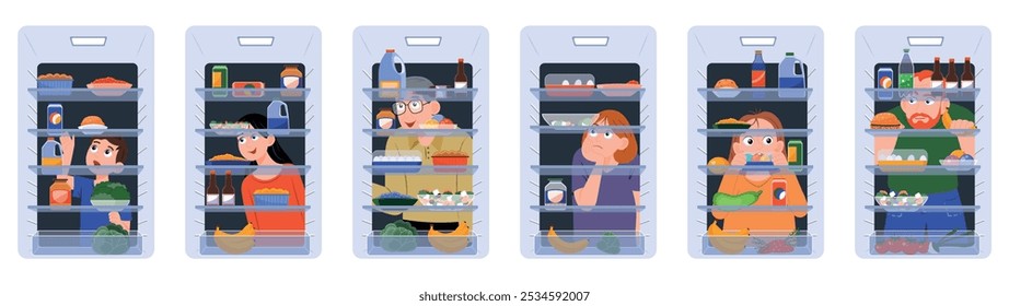 Un juego de Ilustración vectorial lúdico que muestra a las personas desde el interior de la nevera mientras buscan comida, capturando a varios personajes y sus antojos de comida nocturna.