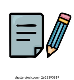 A playful vector illustration of a sheet of paper and a pencil, showcasing a hand-drawn style with bold outlines and a pastel color palette, ideal for educational or stationery-related designs.