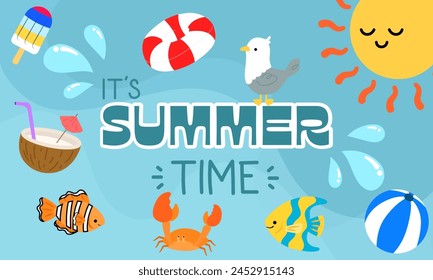 A playful vector illustration showcasing the joys of summer with sunny skies, beach elements, and tropical marine life. 