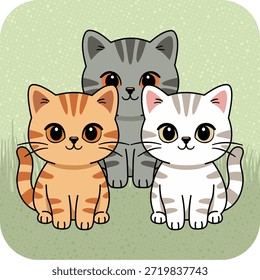 Ilustración vectorial lúdica de un Pequeño grupo de gatitos adorables en estilo plano.