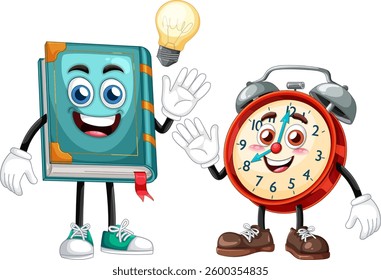Playful vector illustration of a smiling book and clock with vibrant colors and dynamic composition