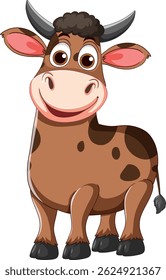 Playful vector illustration of a smiling cow with large eyes and brown spots, featuring a cartoon style and vibrant colors