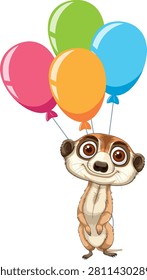 Playful vector illustration of a smiling meerkat holding four bright helium balloons.